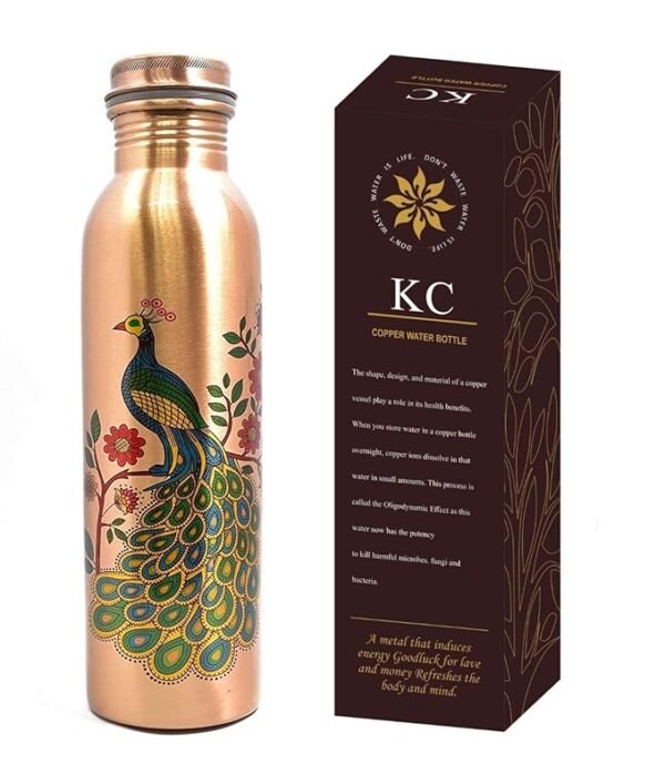 KC Pure Copper Peacock Designer Water Bottle with Advanced Leak Proof Protection, Ayurveda and Yoga Health Benefits. (1000ml, 1Unit, Pack of 1)