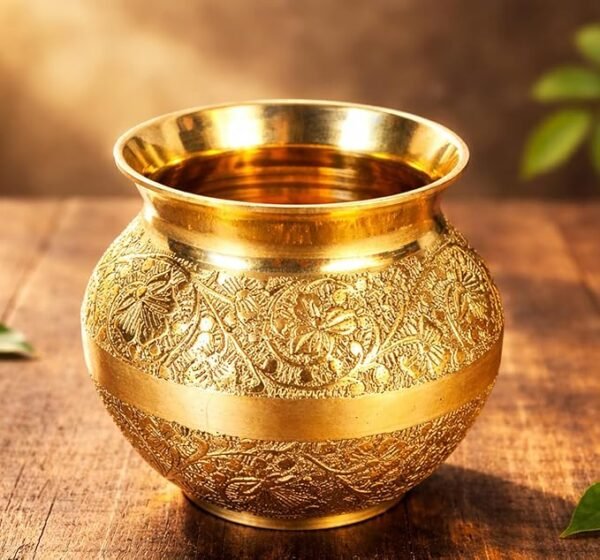 Mkd2 Rise Pure Brass Lota for Puja, Brass Kalash for Pooja (200 ml, 1 Piece) Handcrafted Floral Design Brass Vessel for Home Temple, Jal Arpan, Festivals, Wedding & Religious Rituals