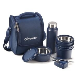 SOPL-OLIVEWARE Teso Pro Lunch Box with Cutlery, 3 Microwave Safe Inside Containers with BPA Free Lids(290ml, 450ml & 600ml), Plastic Pickle Box(130ml), Steel Water Bottle(750ml) – Blue