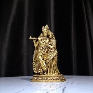 Brass Radhakrishna Idol 9.5cm | Antique Golden Finish Designer Radha Krishna Statue | Handcrafted Brass Murti for Pooja Temple Home Office Decor | Spiritual Navratri Diwali Gift Showpiece for Worship