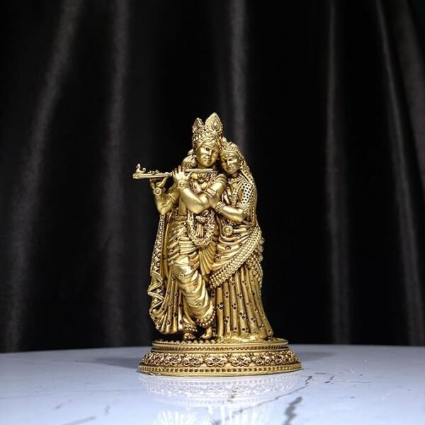 Brass Radhakrishna Idol 9.5cm | Antique Golden Finish Designer Radha Krishna Statue | Handcrafted Brass Murti for Pooja Temple Home Office Decor | Spiritual Navratri Diwali Gift Showpiece for Worship