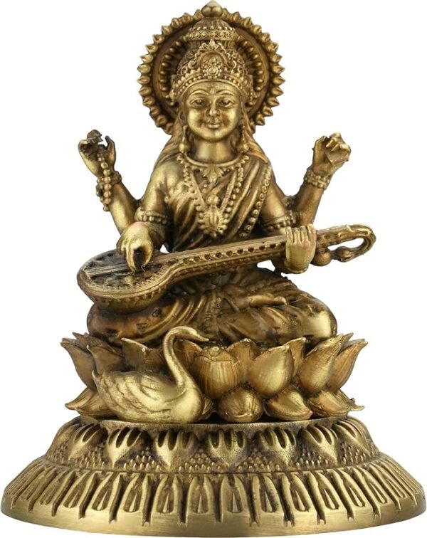 2.7 Inch Brass Ultra Fine Saraswati Brass Idol with Veena Statue (Murti) for Study Table, Home & Office Decor, Worship & Gift