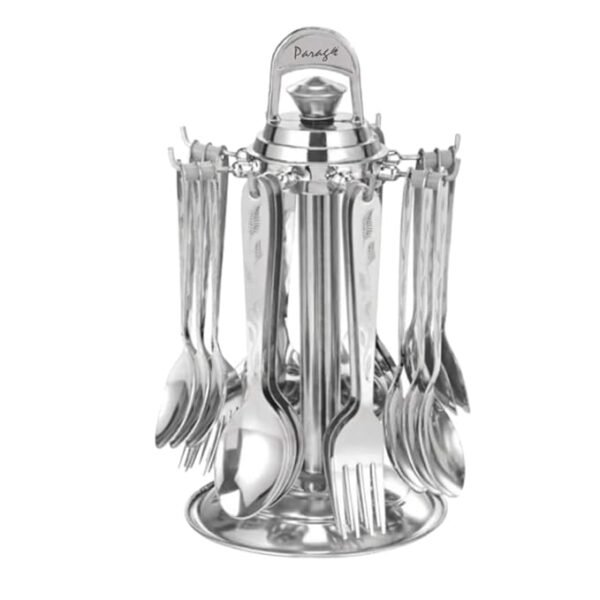 Parage 24 Pieces Lily Cutlery Set Stainless Steel with Stand (Contains 6 Dinner Spoons, 6 Tea Spoon, 6 Dinner Fork, 6 Soup Spoons, 1 Stand) Spoon Set for Dining Table Stylish, Mirror Polished